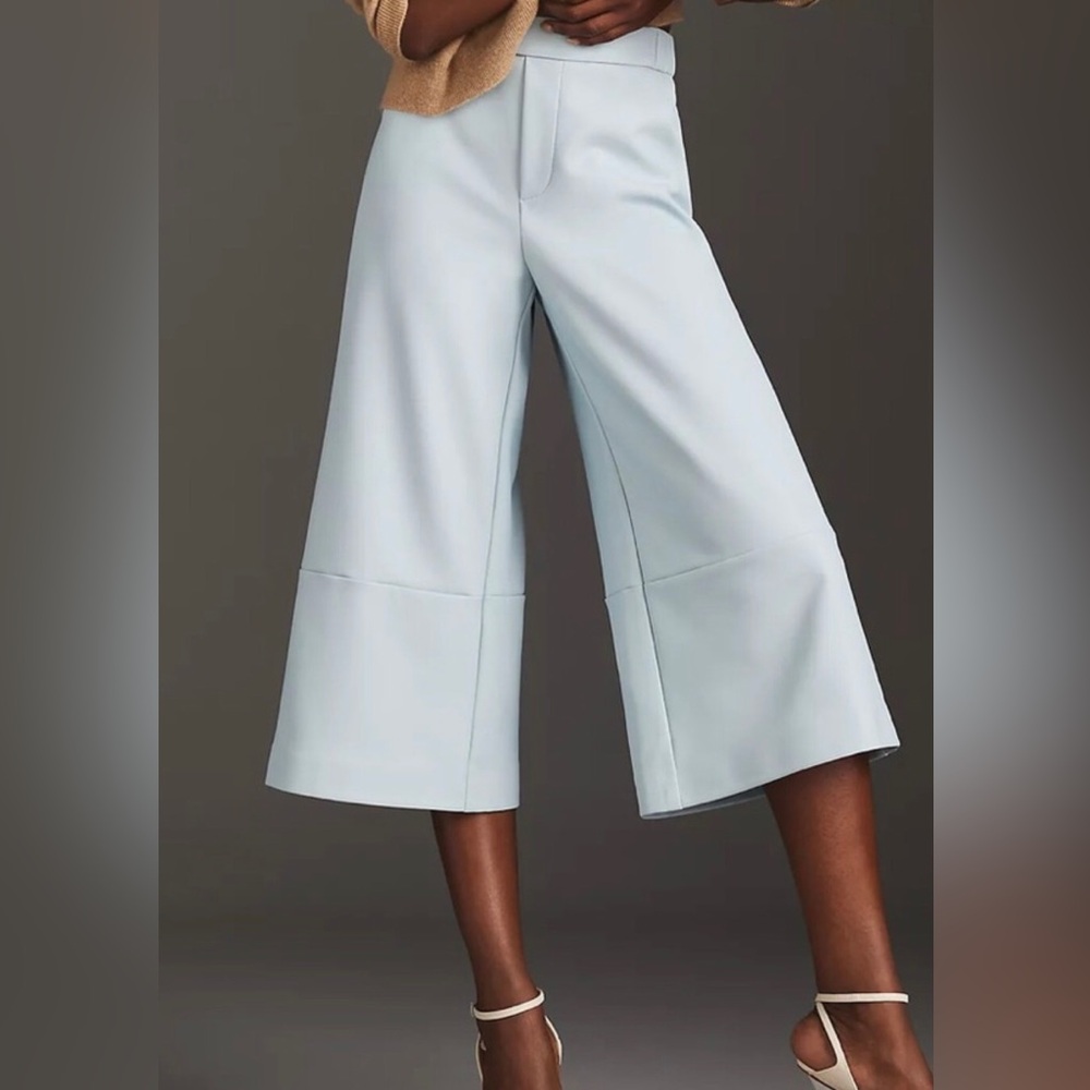 New NWT Maeve Anthropologie culottes wide leg baby blue faux leather pants L P
